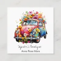 *~* AP57 Boho QR Retro Vintage Flowers Vehicle  Square Business Card