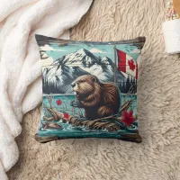 Canadian Beaver by Lake With Mountain Backdrop Throw Pillow