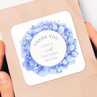 Elegant Blue Hydrangea Flower Wedding Thank You Square Sticker