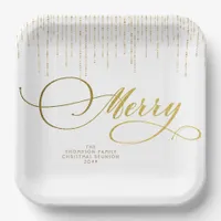 Gold Script Glitter Red White Family Christmas Paper Plates