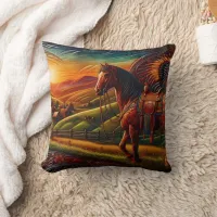 Majestic Horse in Colorful Sunset Landscape Throw Pillow