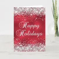 Silver Glitter Red Glass Foil Happy Holidays Card