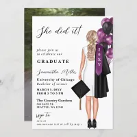 Modern Purple Photo She Did It Graduation Invitation