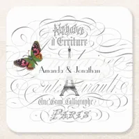 Vintage Paris Themed Wedding Party Personalized Square Paper Coaster