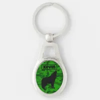 Modern Green Camo Black Wolf Silhouette Monogram | Keychain