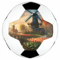 Windmill in Dutch Countryside by River with Tulips Soccer Ball