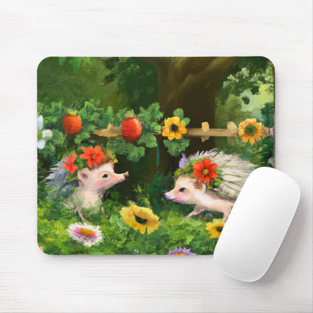Whimsical Hedgehogs in an English Country Garden Mouse Pad