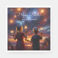 Vintage Kids with Sparklers July 4th Personalized Napkins