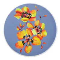 Elegant Orange Flowers - Blue Grey Ceramic Knob