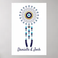 Nazar Evil Eye Mandala Dream Catcher in Gold Blue Poster