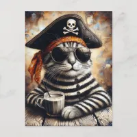 Pirate cat with a coffee postcard