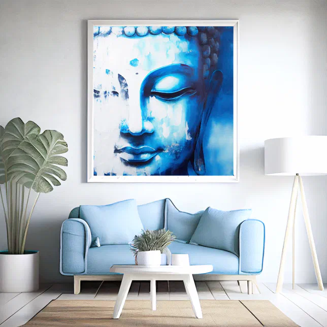 Face of Buddha in Blue | Digital Art Poster