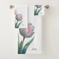 Romantic and Poetic Pastel Tulips Watercolor Bath Towel Set