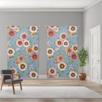 Pink Daisies Floral Pattern on Blue 50x84 Inch Blackout Curtains