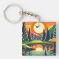 Retro Disc Golf Sunset and Trees Keychain
