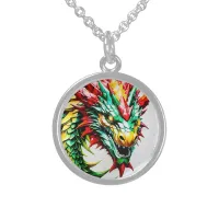 Fire breathing dragon red, green, and yellow scale sterling silver necklace