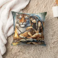 Native Woman by Tiger Near Fire Throw Pillow