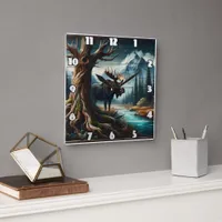 Majestic Moose by Mountain River at Dusk Square Wall Clock