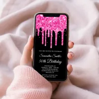 Hot Pink Dripping Glitter Black 50th Birthday Invitation