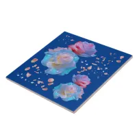 Water Droplets on Pink & Blue Roses on Blue | Ceramic Tile