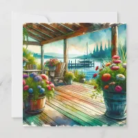 Pretty Lakehouse View Deck and Flowers Card