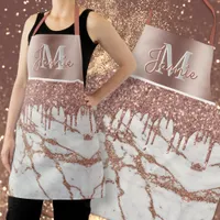 Monogram Metallic Rose Gold Marble & Glitter Drips Apron