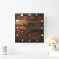 Majestic Horse Carving in Rustic Landscape Square Wall Clock