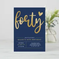 Forty | Modern Gold & Blue 40th Birthday Party Invitation