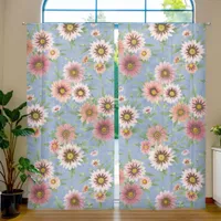 Pink Daisy Floral Pattern on Blue 50x108 Inch Sheer Curtains