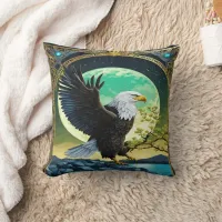 Eagle Perched on Rock With Moonlit Background Throw Pillow