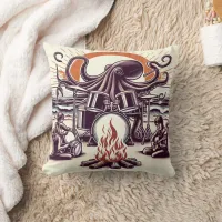 Octopus Playing Drums Beside Beach Campfire Throw Pillow