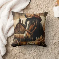 Western Horse With Cowboy Hat Beside Barn Sunset Throw Pillow