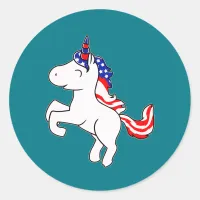 Unicorn Off White Patriotic USA Flag Mane Cartoon Classic Round Sticker