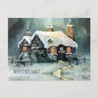 Watercolor Cozy House Charming Miniature Village Holiday Postcard