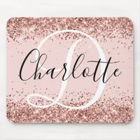 Rose Gold Glitter Blush Black and White Monogram Mouse Pad