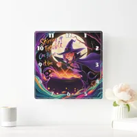 A witch brews potions under the full moon square wall clock