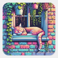 Sleepy Cat in Window Sill Ai Art Square Sticker