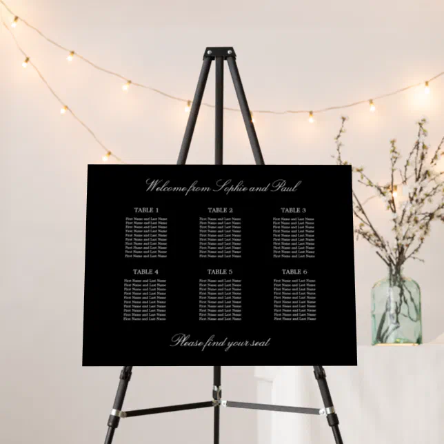 Elegant Black 6 Table Wedding Seating Chart Foam Board