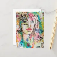 Colorful Beautiful Woman Butterflies Whimsical Art Postcard