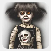 Freaky Scary Spooky Old Doll Halloween Square Sticker