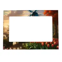 Windmill in Dutch Countryside by River with Tulips Magnetic Frame