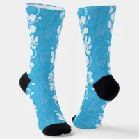 Hawaii Tropical Hibiscus Flowers Patterned Blue Socks