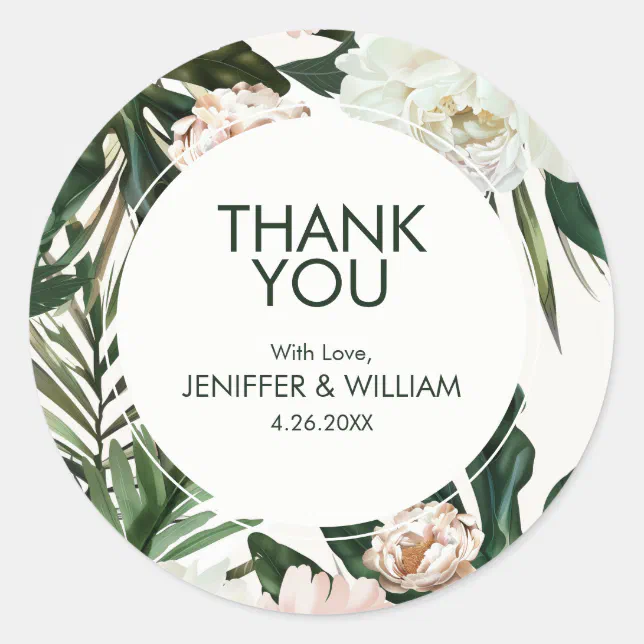 Peach White Peonies & Green Leaves Floral Wedding Classic Round Sticker