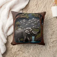 Elephant Drinks Water in Mountain Scene Throw Pillow