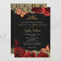 Vintage Red Roses Black Gold Lace Sweet 16   Invitation