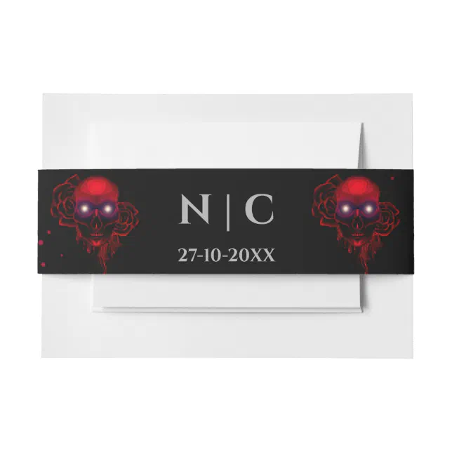 Scary red floral dark moody gothic skull Halloween Invitation Belly Band