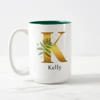 Gold Letter K Watercolor Floral Monogram Two-Tone Coffee Mug