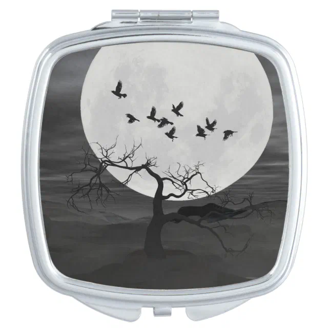 Spooky Ravens Flying Against the Full Moon Vanity Mirror