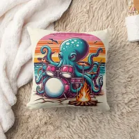 Octopus Playing Drums by a Campfire at Sunset Throw Pillow