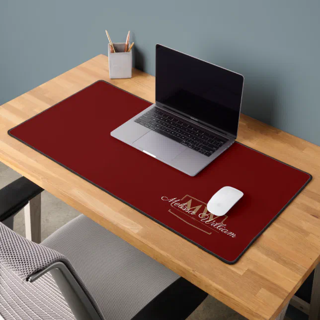 Red White Gold Monogram Name Script Desk Mat